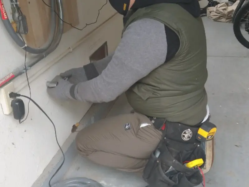 Electrician performing outlet wiring in a New Hyde Park garage